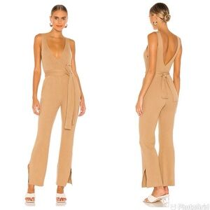 Majorelle Deep V Ribbed Jumpsuit Camel Beige Knit Tie Belt, Size Small